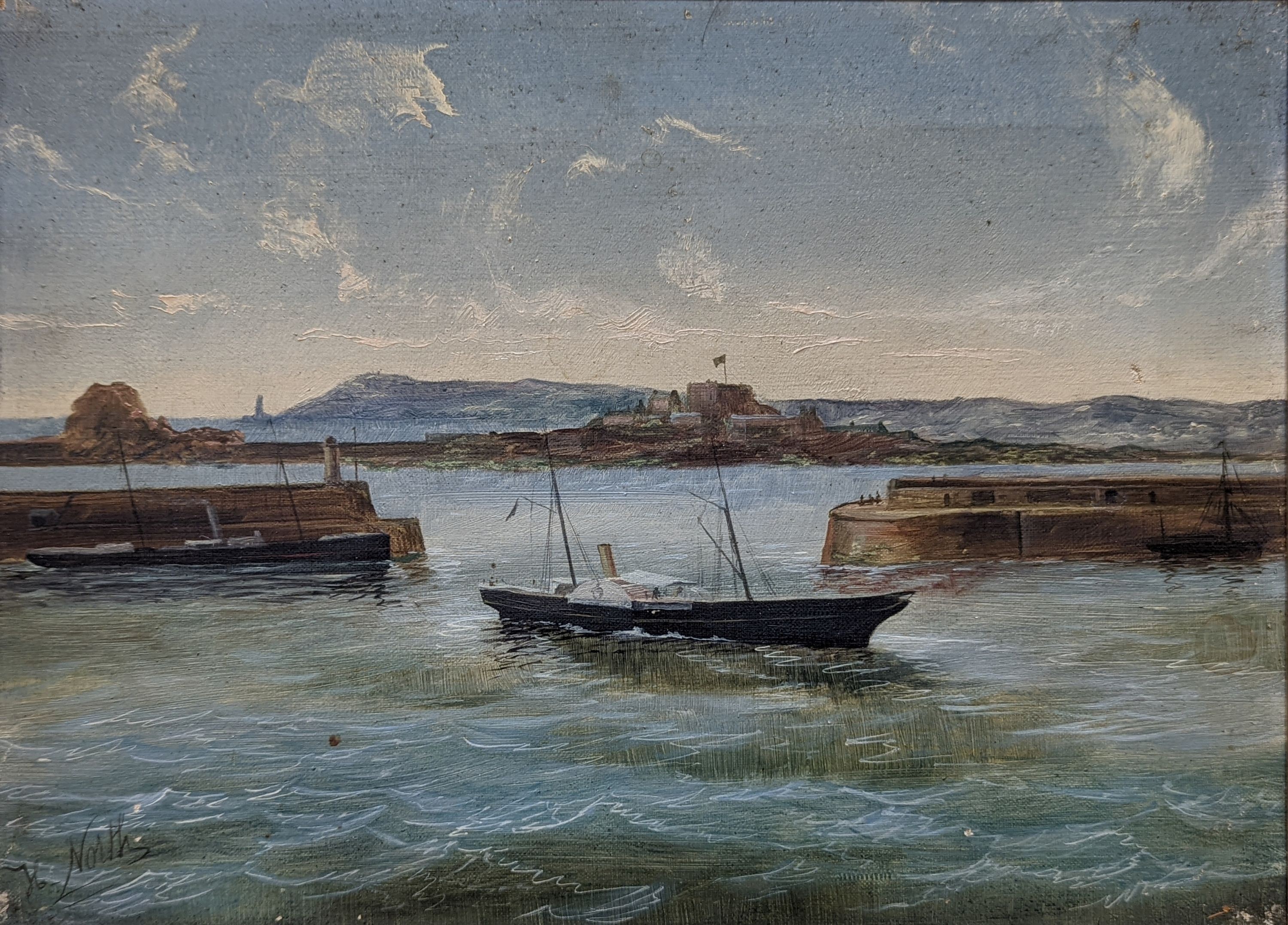 H. North (19thC), oil on canvas, Elizabeth Castle and The Pier Heads, Jersey, signed, 26 x 36cm